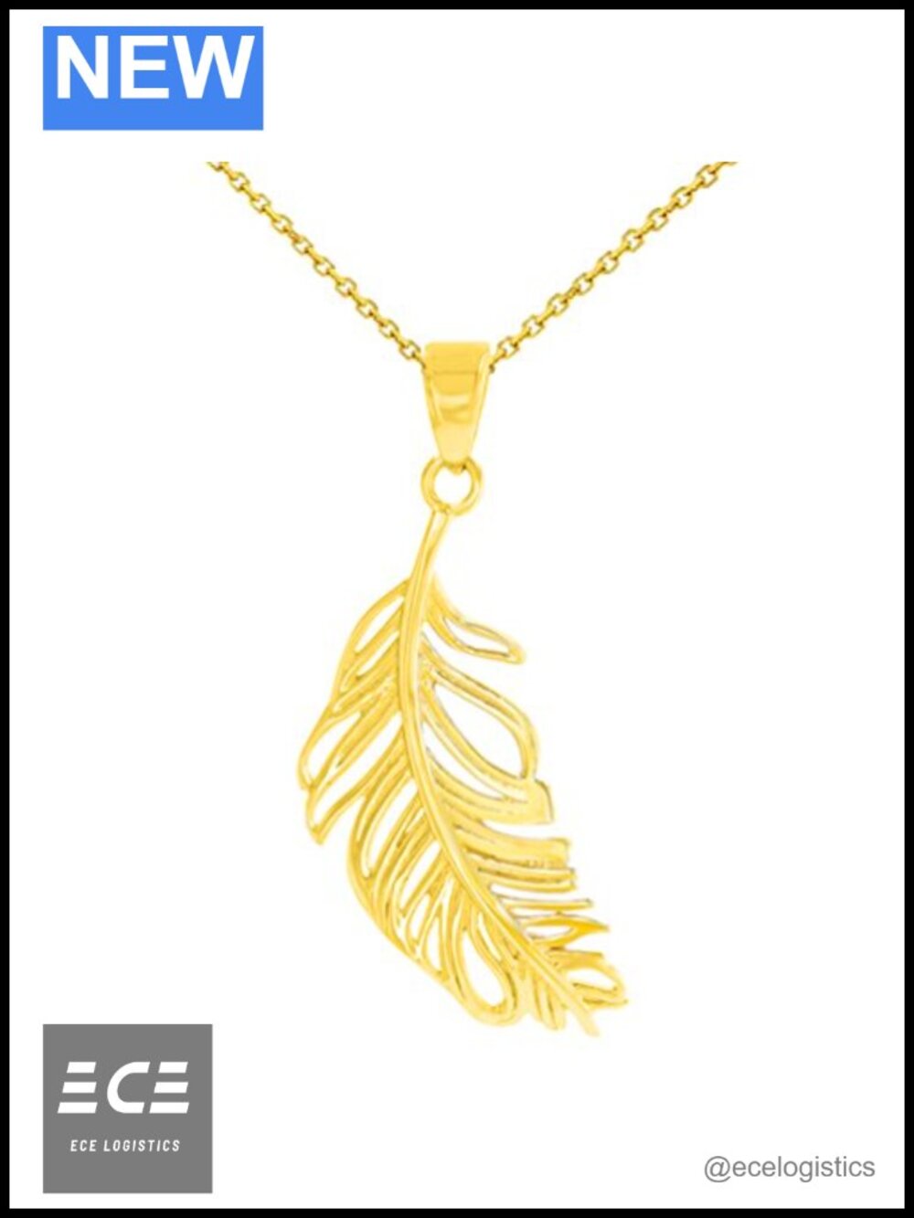 14K Yellow Gold Textured Feather Charm Pendant Necklace Handmade USA